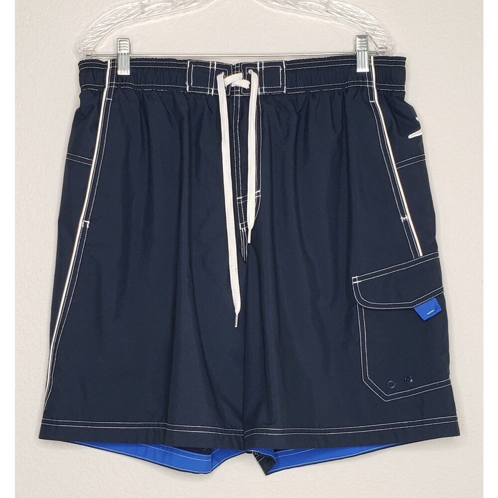 Speedo Mens Swimsuit Large Dark Blue Built In Brief 9” Inseam Drawstring Trunks
